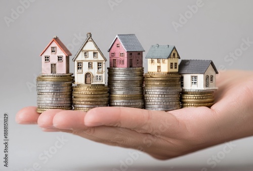 Miniature houses on stacked coins in human hand, real estate investment and property value concept