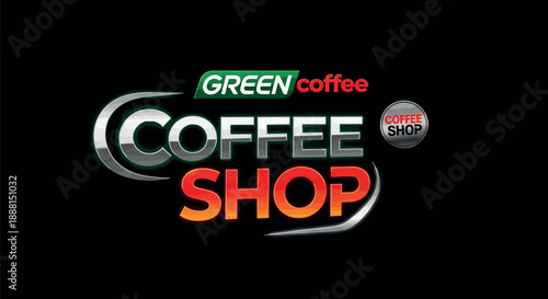 Green coffee shop logo and text, fresh beverage concept, vibrant colors, modern design, dark background.