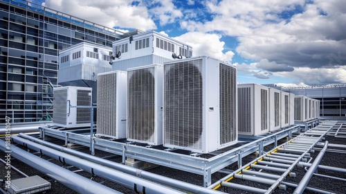 Industrial rooftop HVAC system with multiple air conditioning units on modern commercial building