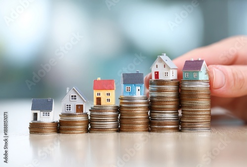 Property value growth concept with miniature houses on stacked coins, real estate investment and housing market