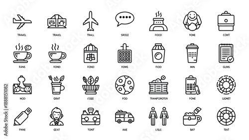 A collection of minimalistic line icons representing travel food home sport and various lifestyle elements