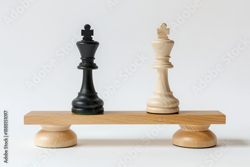 Black and white chess kings on balance scale, equality, power balance and leadership concept