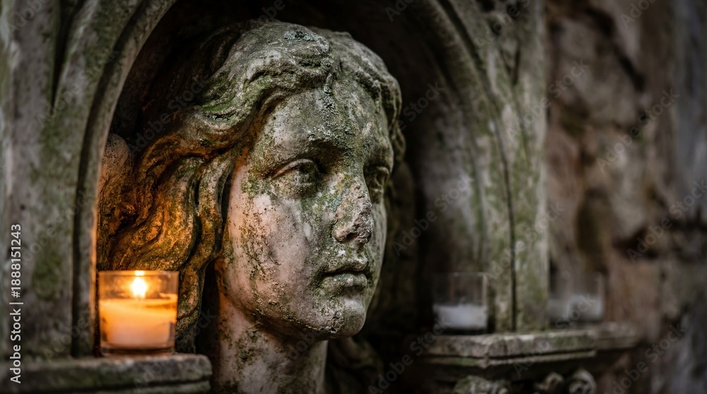 Naklejka premium Moss Covered Stone Angel Head with Candle Light