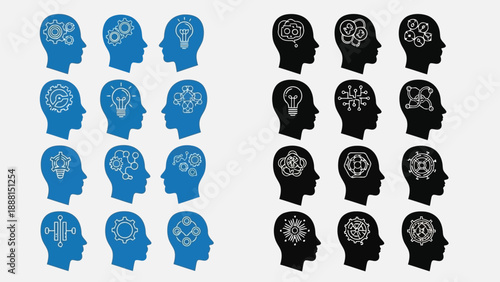 Illustrative collection of human heads some filled with icons representing ideas intelligence and technology high quality