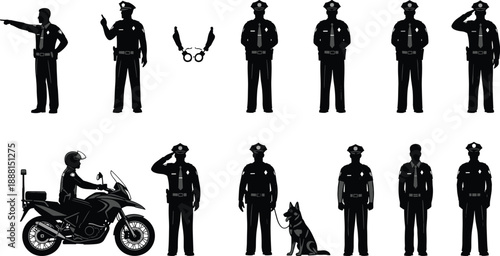 PrintSet of Black Police Officer Silhouettes Featuring Cops Saluting Pointing Patrolling with K9 Dogs Riding Motorcycles and Handcuffs for Law Enforcement and Security Design