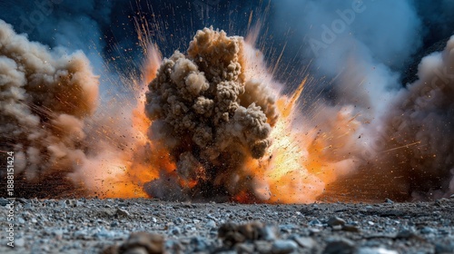 Dynamic explosion scattering smoke, fire sparks, and debris across a rocky ground