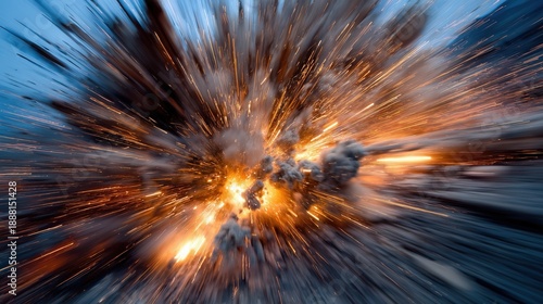 Explosive energy releasing orange sparks and dark smoke into the air