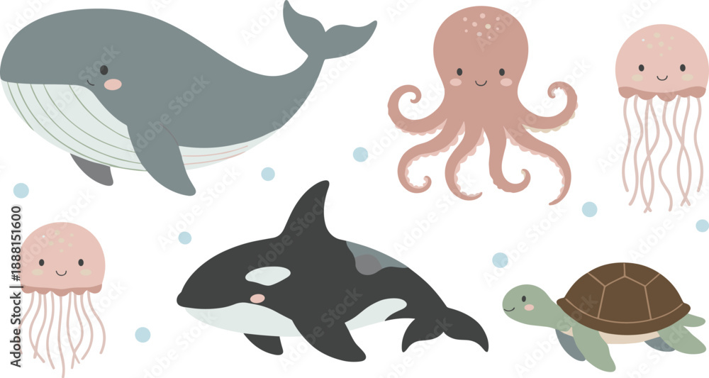 Obraz premium Cute Ocean Animals Cartoon Illustration Set Featuring Whale, Orca, Turtle, Octopus, and Jellyfish for Kids Education, Nursery Art, and Vector Design