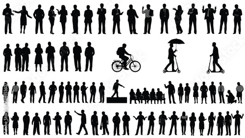 A diverse collection of black silhouettes depicts people cyclists and varying city life elements high quality