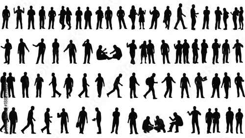 A large collection of black silhouettes depicting people and animals in various walking postures and forms