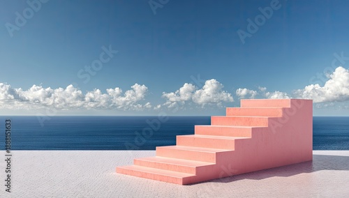 Pink staircase leads to endless blue ocean and sky.