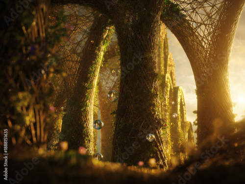 Whispers of Utopia: Golden Light Cascading Through Intricate Woven Bio-Arches and Drifting Luminescent Spheres