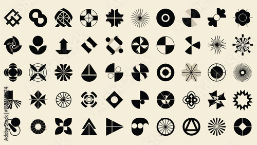 An assortment of black and white geometric symbols arranged in a grid pattern against a beige background
