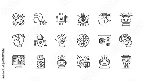 Illustrative collection of artificial intelligence concepts depicted through line icons showcasing brains robots and chips