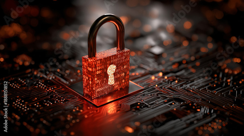 Glowing Red Padlock Made of Binary Code on Futuristic Circuit Board Representing Cybersecurity, Data Protection, Digital Privacy and Secure Information Technology Concept