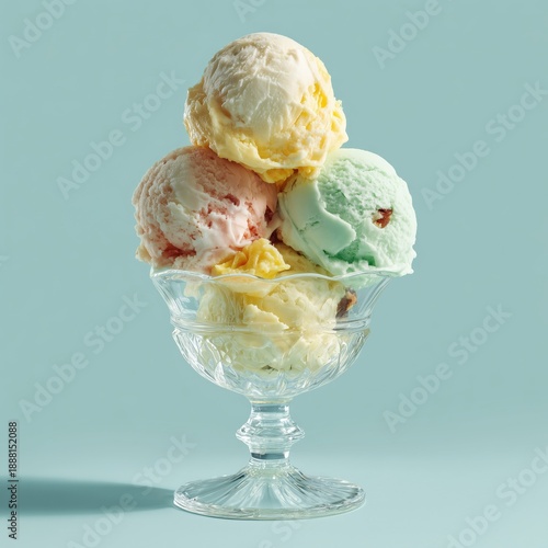 Ice cream scoops of various flavors filling a classic glass sundae dish