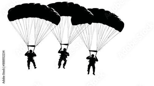 Three Paratroopers or Skydivers Descending by Parachute, Silhouetted Against a White Background, Extreme Sport