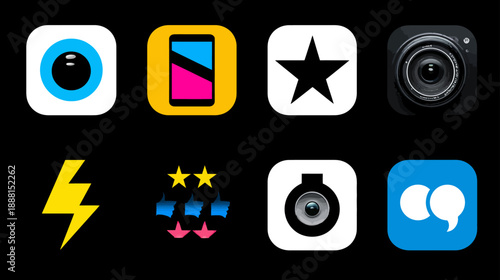 Diverse collection of generic mobile app icons for photography, communication, rating, and utility apps on a black background, digital technology concept.