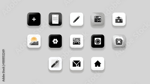 Modern minimalist UI/UX vector icon set in black, white, and gray tones for web, mobile app, and software design projects