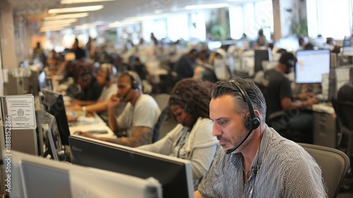 Diverse employees working with headsets in a busy open-plan office environment