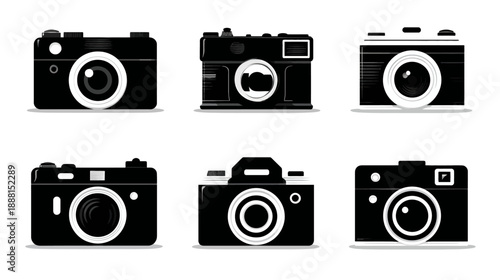 Set of Six Vintage Retro Camera Icons. Classic Photography Equipment Symbols. Digital Vector Illustrations.