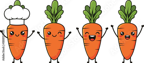 Set of Four Cute Kawaii Cartoon Carrot Characters with Different Facial Expressions and a Chef Hat for Healthy Food Nutrition and Vegan Cooking Design