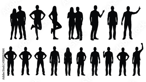 Diverse silhouettes of people in various dynamic poses showcasing human forms and movement against a white background