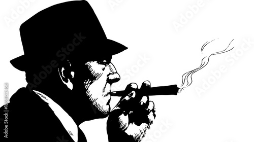 Classic black and white graphic of a man in a fedora hat smoking a cigar, side profile illustration with smoke rising