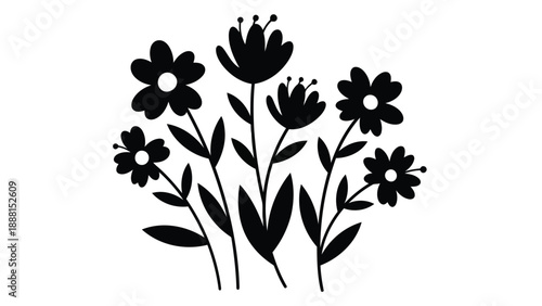 A simple elegant silhouette of several black wildflowers with slender stems and delicate petals is displayed