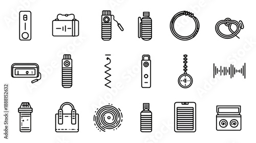 Modern audio technology, music, and entertainment line icons set. Gadgets, sound devices, and digital media symbols.