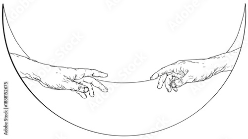 Minimalist line art illustration of two human hands reaching for each other, connected by a delicate thread, symbolizing union and touch