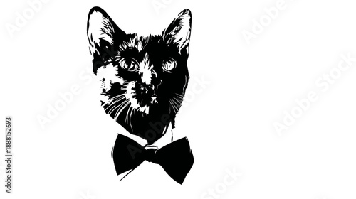 Sophisticated black and white cat head illustration wearing a dapper bow tie, elegant and minimalist artistic graphic for design