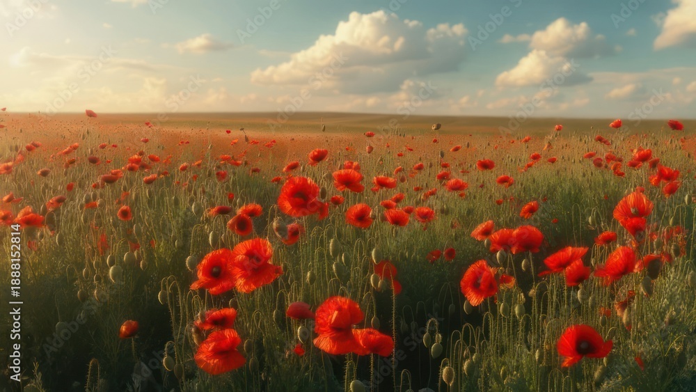 Obraz premium Vibrant poppy field at sunset