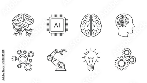 Artificial intelligence concepts illustrated with brains chips robots ideas and gears in a linear style