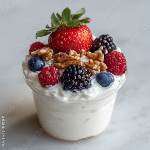 Yogurt in a plastic cup, topped with fresh strawberries, blueberries, raspberries, blackberries, and walnuts