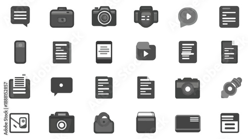 Diverse collection of grayscale digital icons for technology, communication, media, documents, and mobile user interfaces