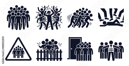 Crowd danger icon set. Stick figure black silhouettes - mass panic, pushing people, stampede accident, entrance blockage, fence pressure, warning sign. Flat vector pictograms