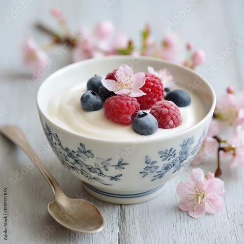 Creamy yogurt garnished with raspberries, blueberries, and spring flowers on a wooden table