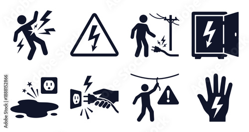 Electric shock hazard icon set. Stick figure black silhouettes - high voltage warning, plug spark, power line contact, socket risk. Flat vector pictograms