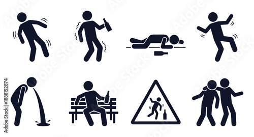 Drunk people icon set. Stick figure black silhouettes - vomiting man, staggering person, alcohol bottle, bar bench, warning sign. Flat vector pictograms