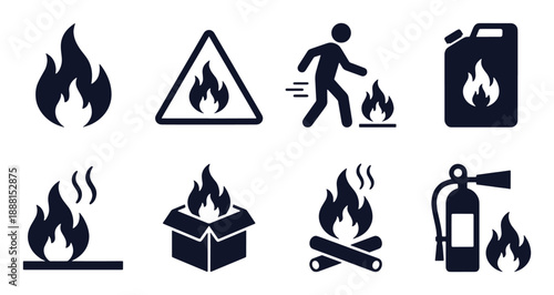 Fire hazard icon set. Stick figure black silhouettes - burning flame, gas can, smoke, warning sign, campfire. Flat vector pictograms