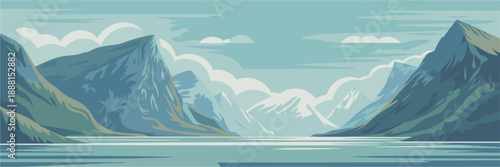 Flat vector illustration of a Nordic fjord with mountains, water, and soft clouds in a muted color palette, retro scenic poster style.