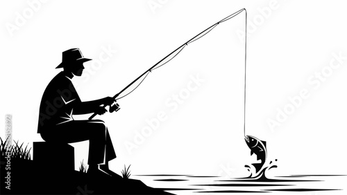 Silhouette of a man fishing and catching a jumping fish.