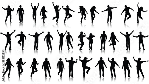 Silhouettes of people in various dynamic poses showcase movement energy and active lifestyles against a white backdrop