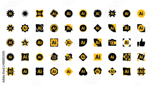 A collection of circular icons with ai lettering and various symbols representing artificial intelligence concepts