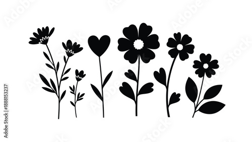 A simple monochrome illustration depicts a variety of wildflowers and delicate floral silhouettes against a white background