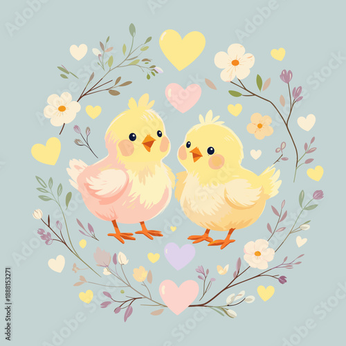 Two cute Easter chicks with hearts and flowers on pastel background