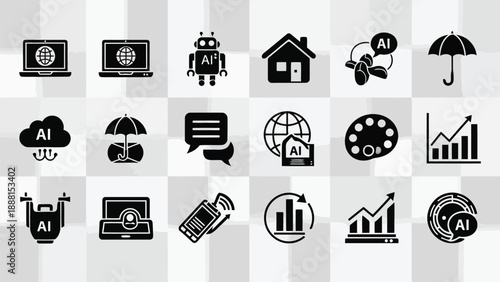 A collection of black silhouette icons representing artificial intelligence technology home and data concepts high quality