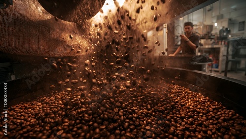 Roasted coffee beans cascade from an industrial roasting machine into a cooling tray with warm light highlighting the motion and a worker blurred in the background of a modern roastery
