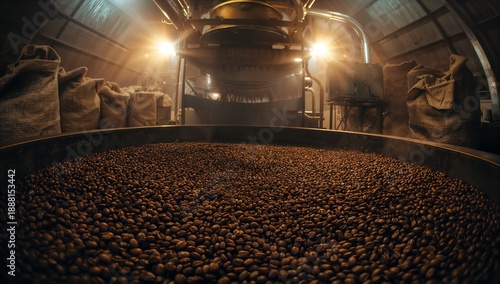 Wide angle view of freshly roasted coffee beans cooling in a large industrial roasting drum inside a dimly lit factory with burlap sacks and metal equipment creating a warm atmospheric scene